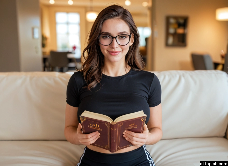 1girl, glasses, book, brown eyes, solo, breasts · Yamete.gg