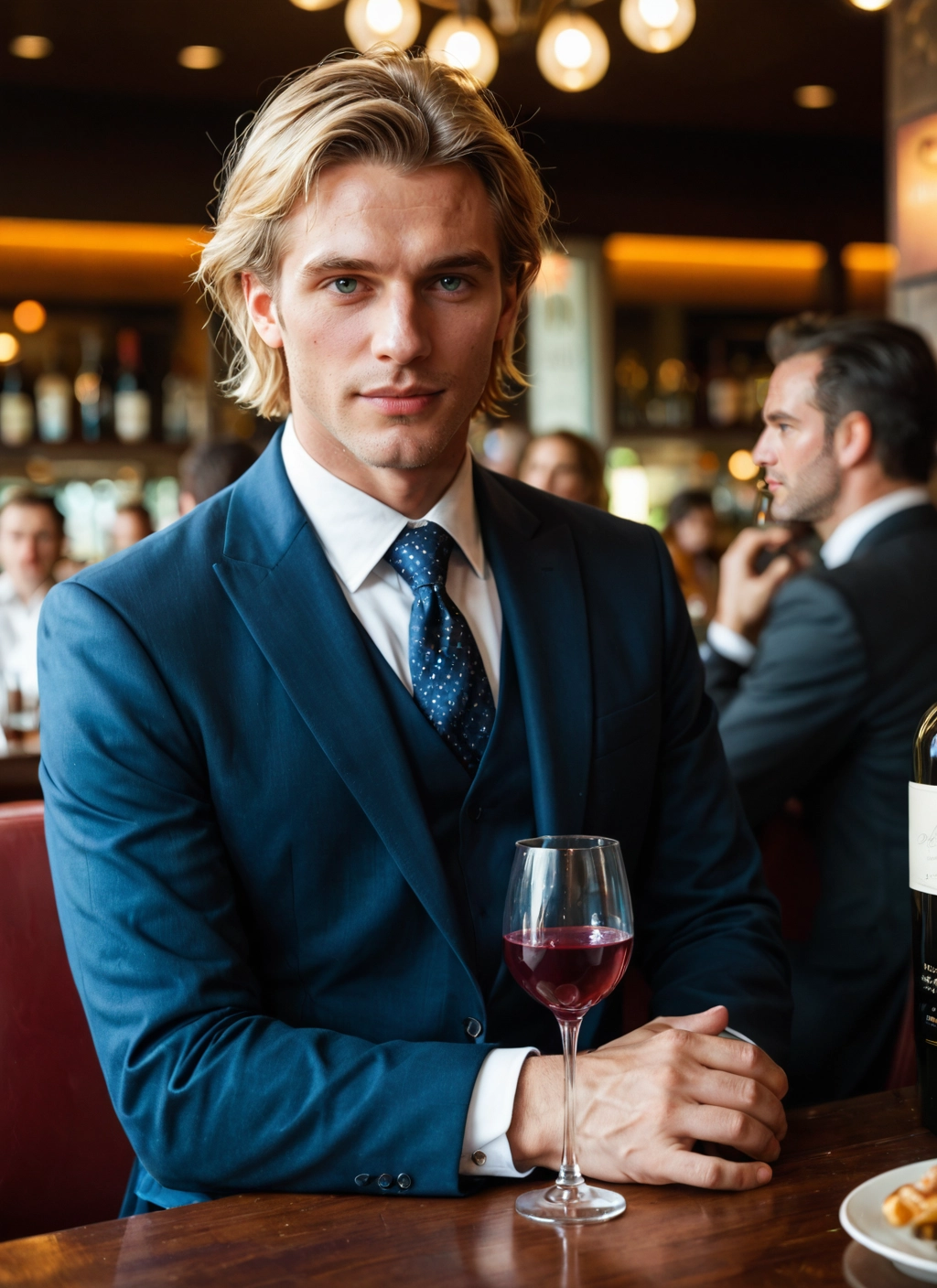 cup, drinking glass, necktie, wine glass, facial hair, blonde hair · Yamete.gg