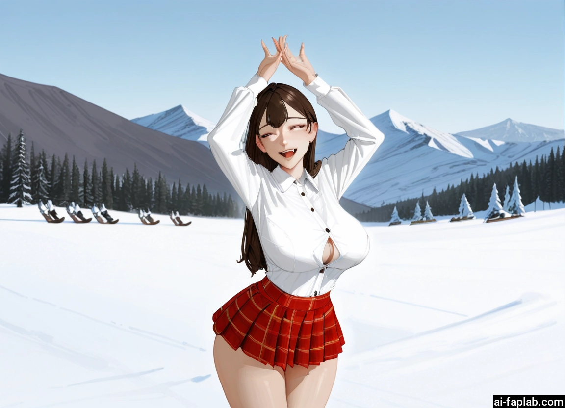 1girl, breasts, skirt, snow, brown hair, shirt