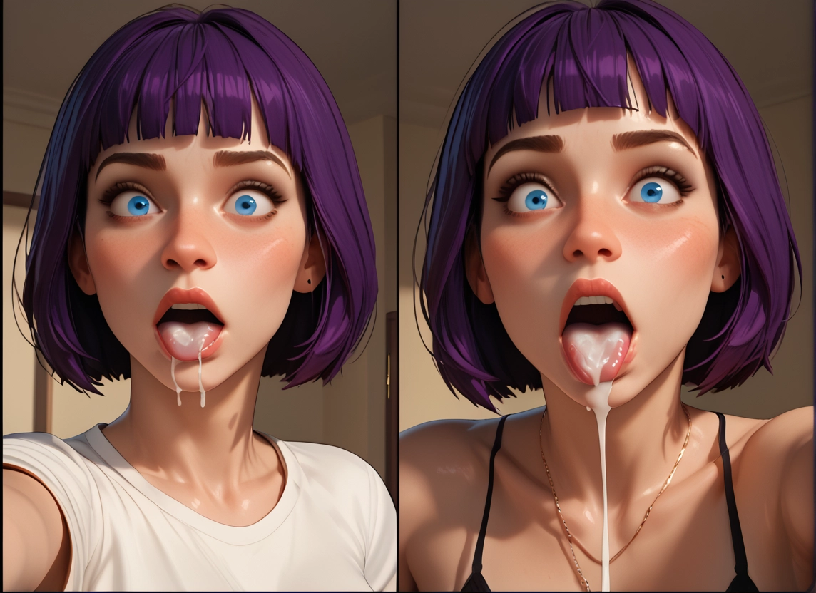 purple hair, cum, 1girl, jewelry, cum in mouth, blue eyes · Yamete.gg