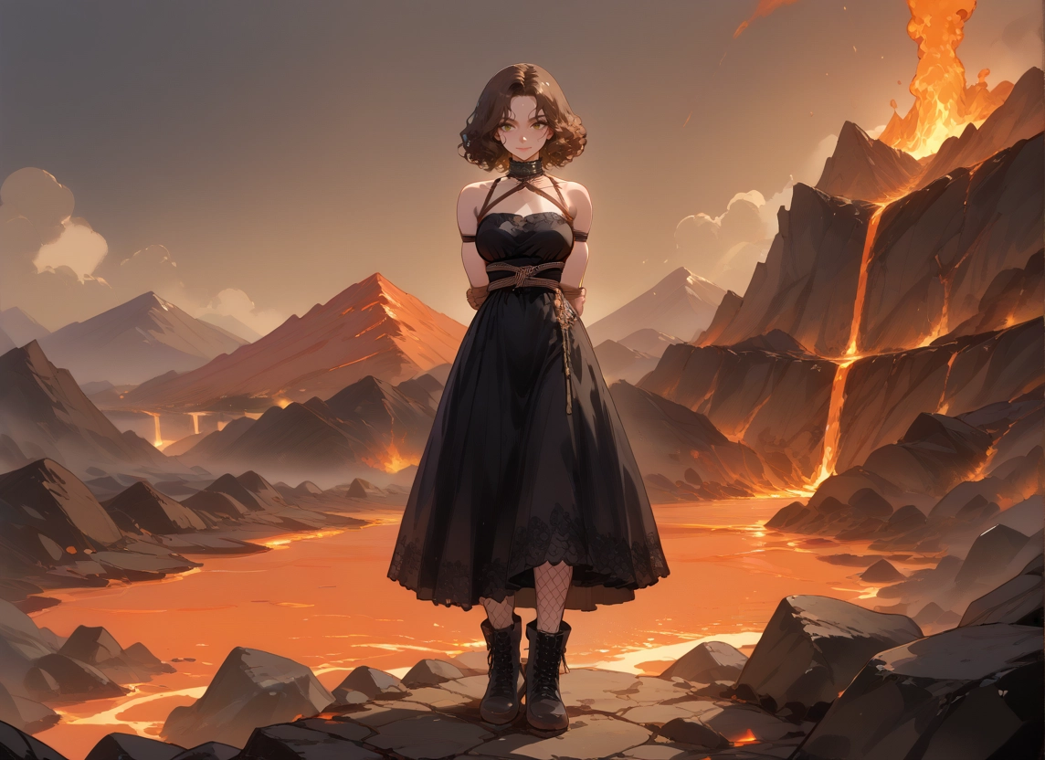 1girl, dress, solo, black dress, boots, brown hair · Yamete.gg
