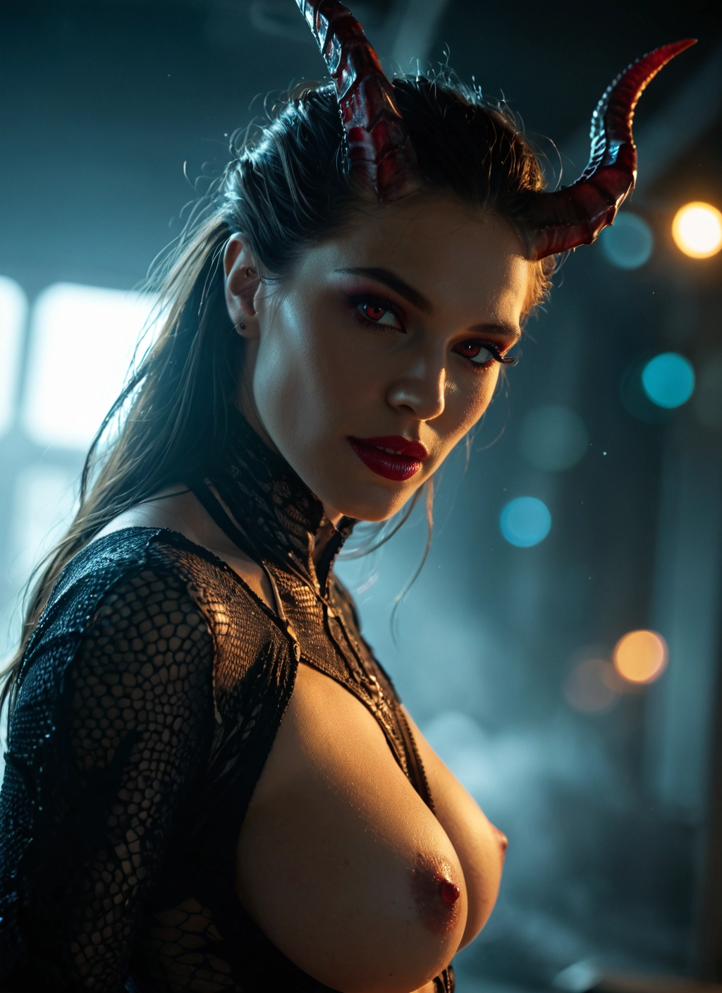 1girl, breasts, nipples, solo, horns, looking at viewer · Yamete.gg