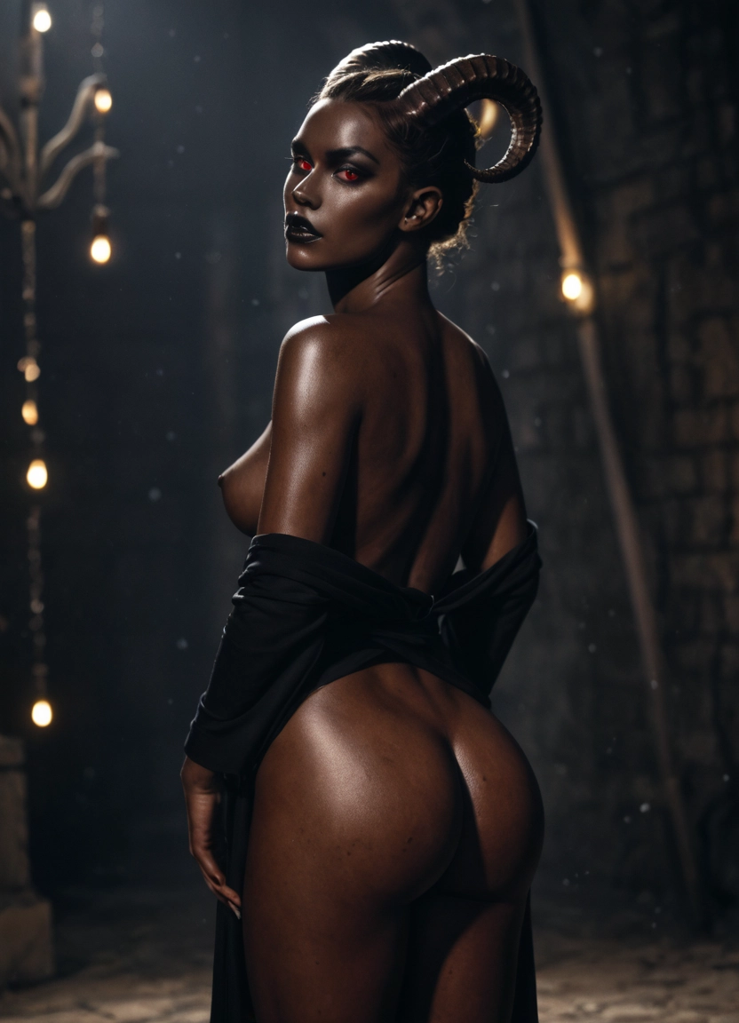 1girl, ass, breasts, solo, horns, red eyes