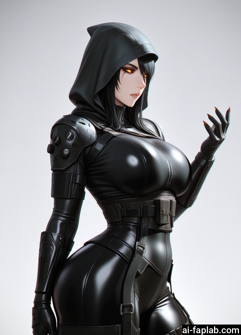 1girl, breasts, hood, bodysuit, black hair, large breasts · Yamete.gg