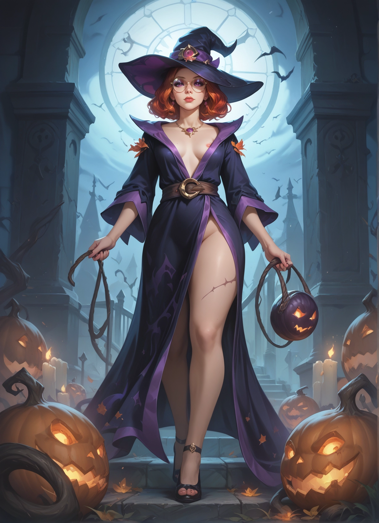 1girl, hat, breasts, witch hat, solo, jack-o'-lantern · Yamete.gg