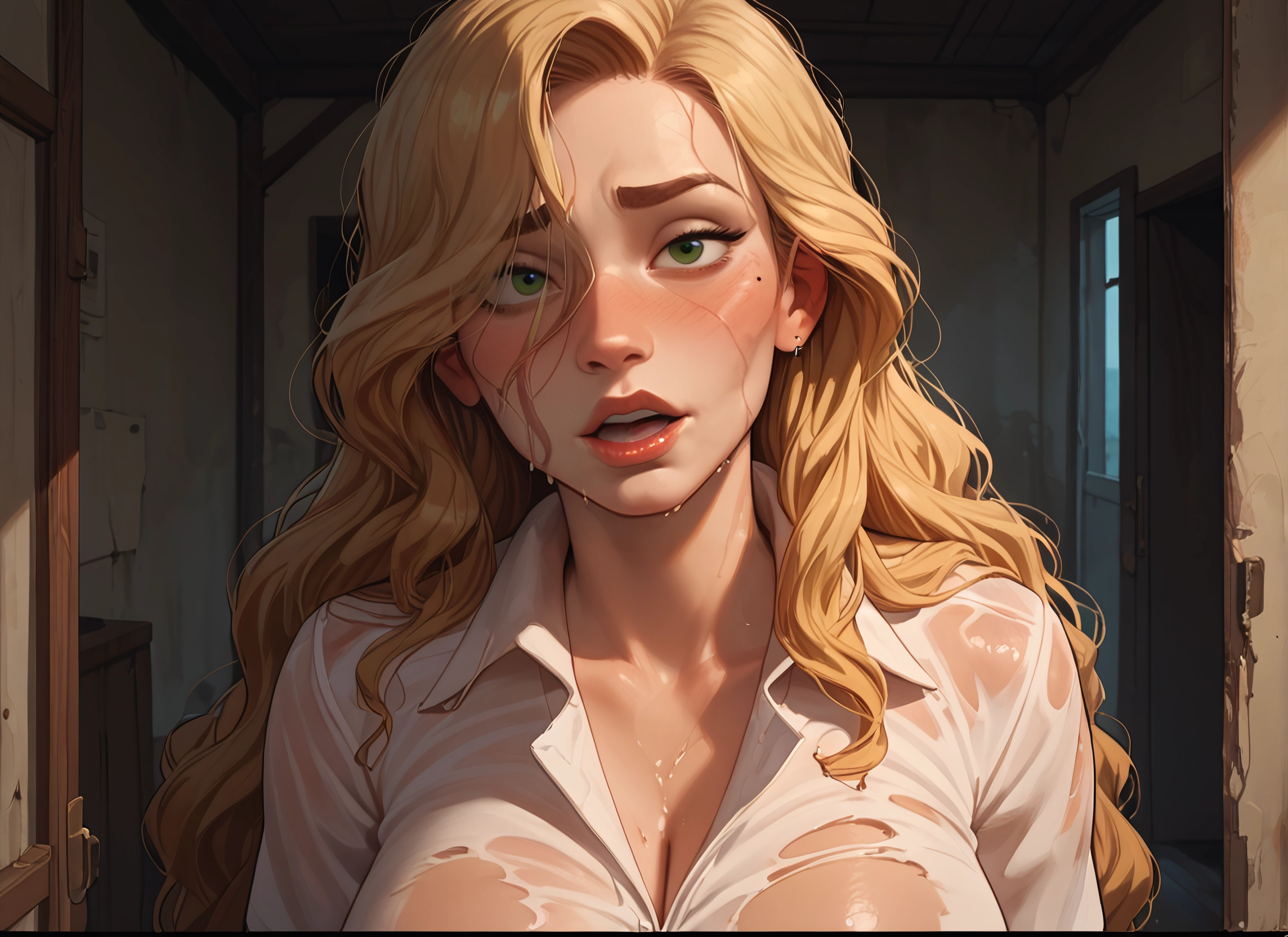 1girl, wet, breasts, shirt, green eyes, wet clothes · Yamete.gg