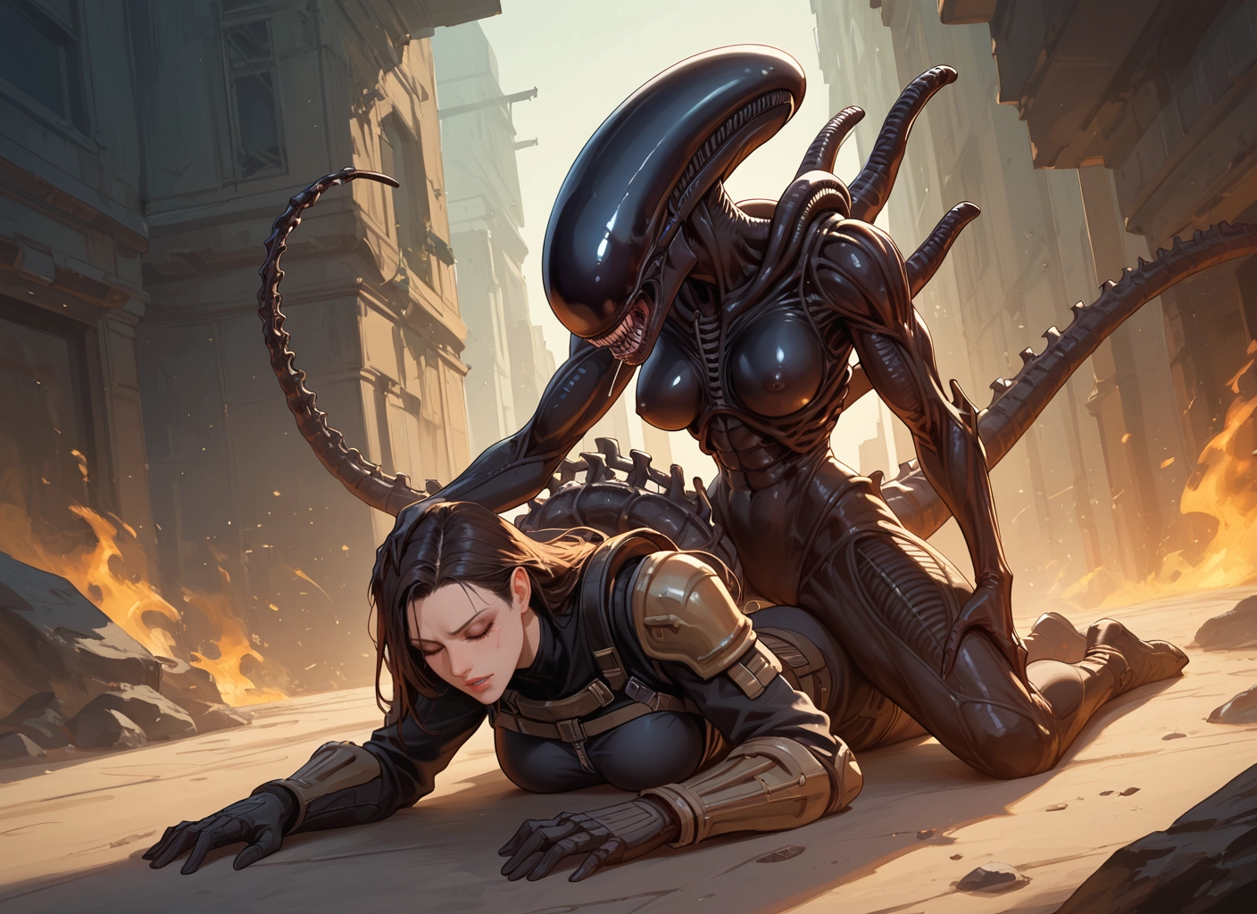 1girl, breasts, fire, bodysuit, closed eyes, black hair · Yamete.gg