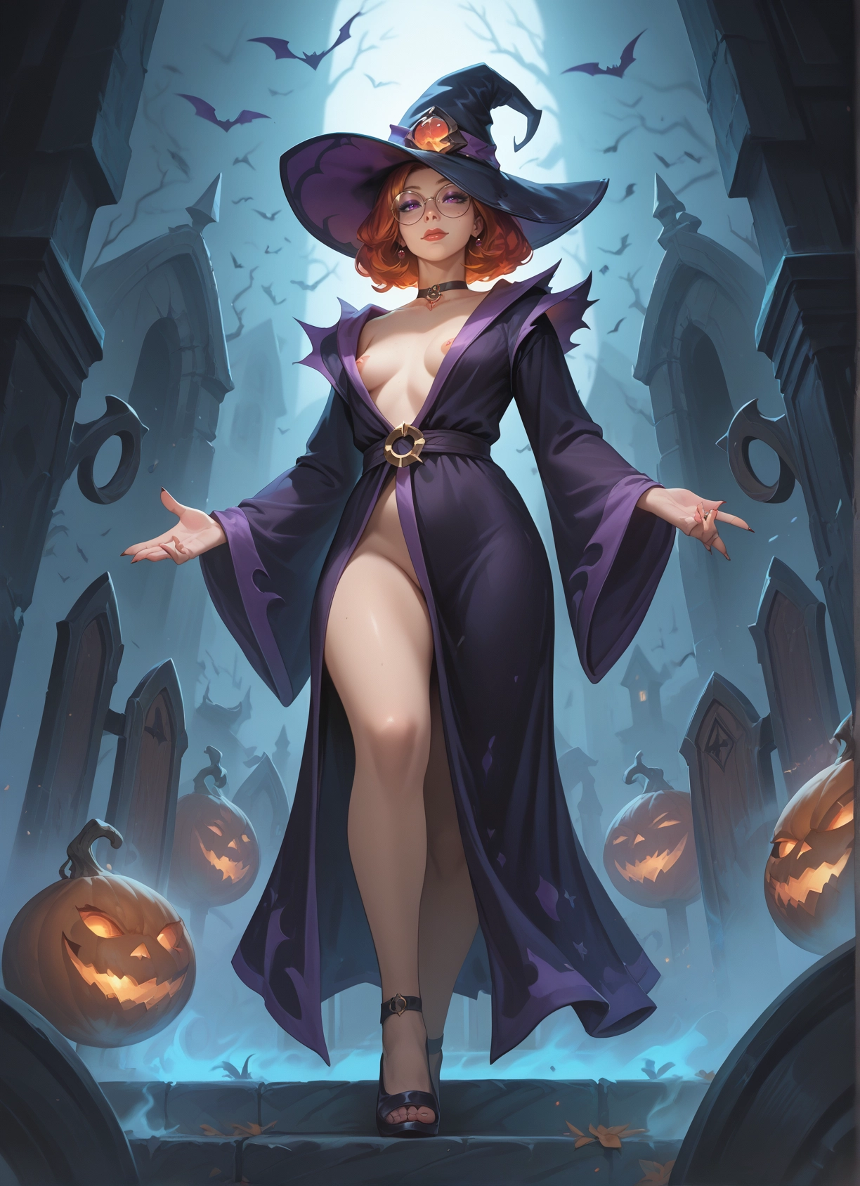 1girl, hat, breasts, witch hat, solo, nipples · Yamete.gg