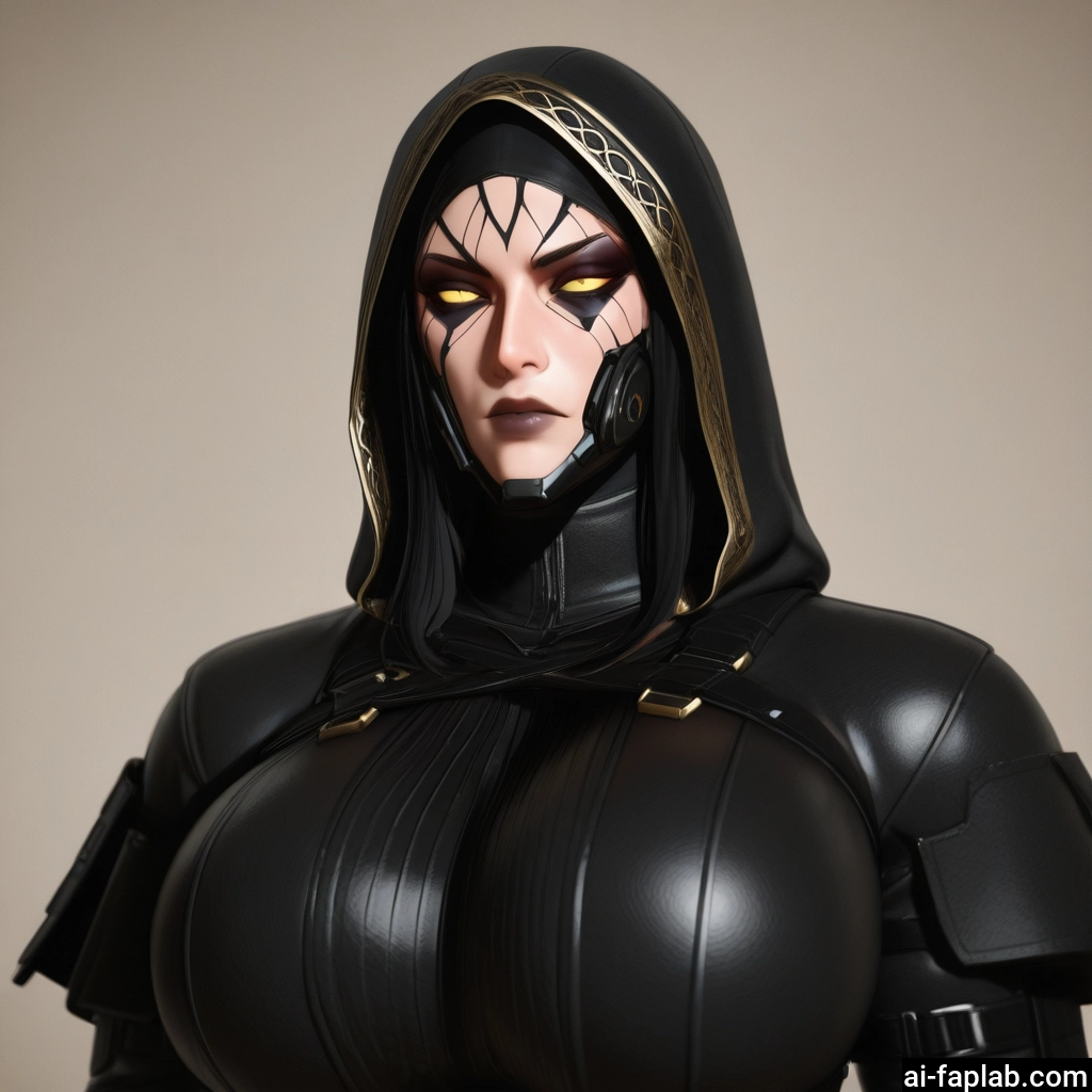 1girl, breasts, solo, hood, yellow eyes, black hair · Yamete.gg