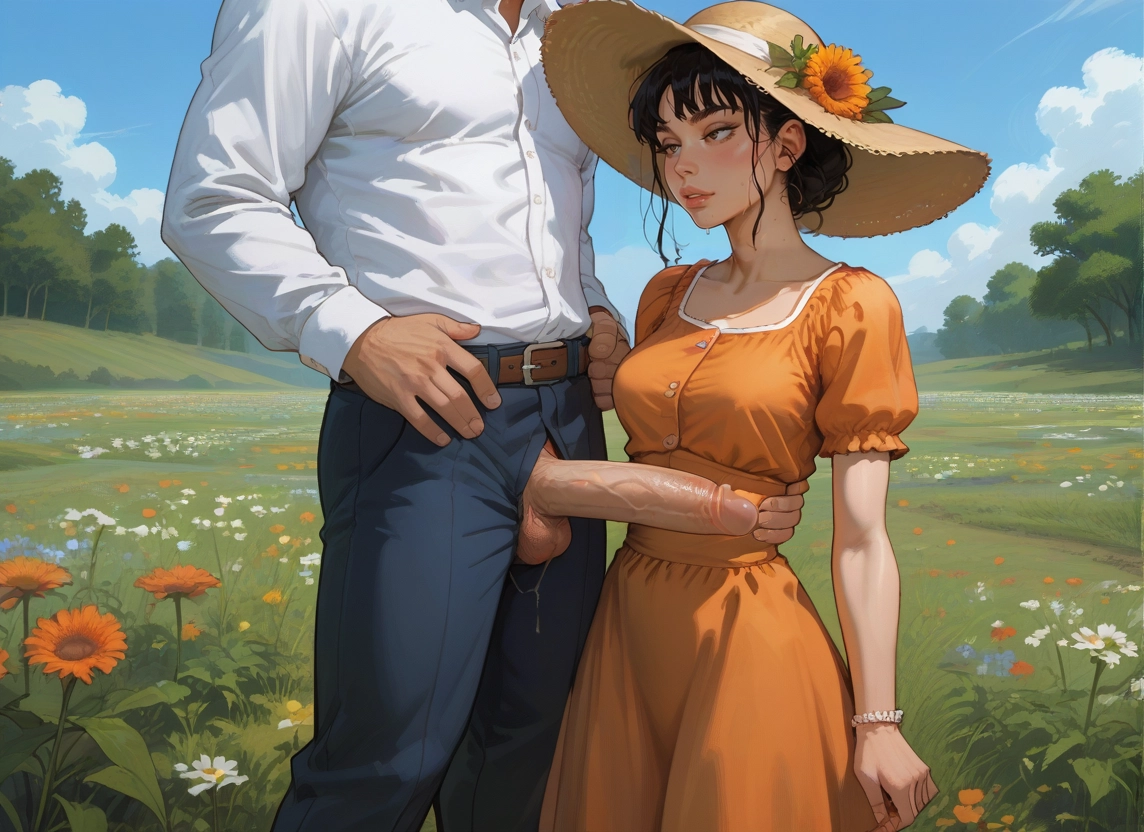 1girl, outdoors, hat, penis, flower, dress · Yamete.gg
