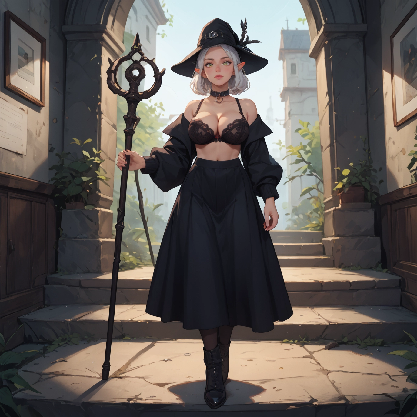 1girl, underwear, breasts, pointy ears, bra, hat · Yamete.gg