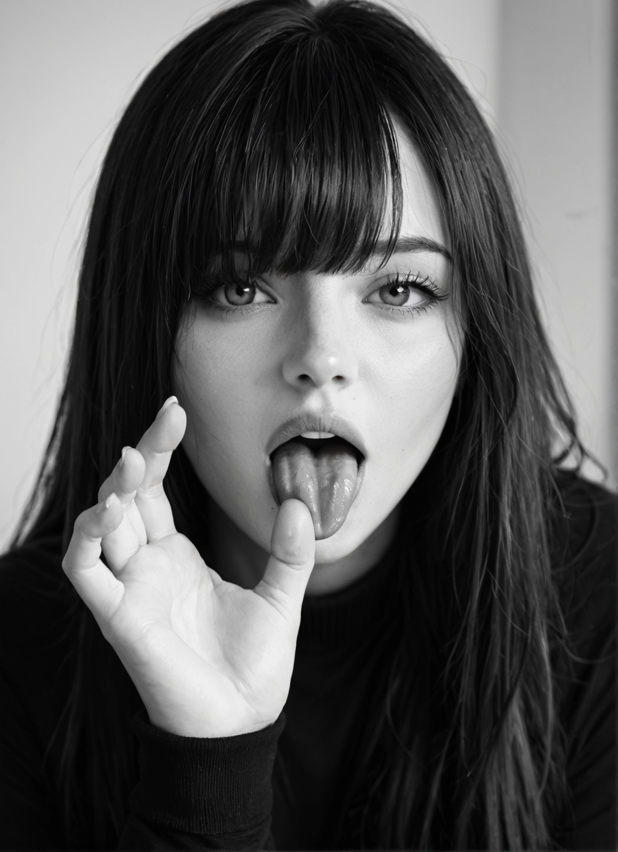 1girl, greyscale, monochrome, solo, tongue, tongue out · Yamete.gg