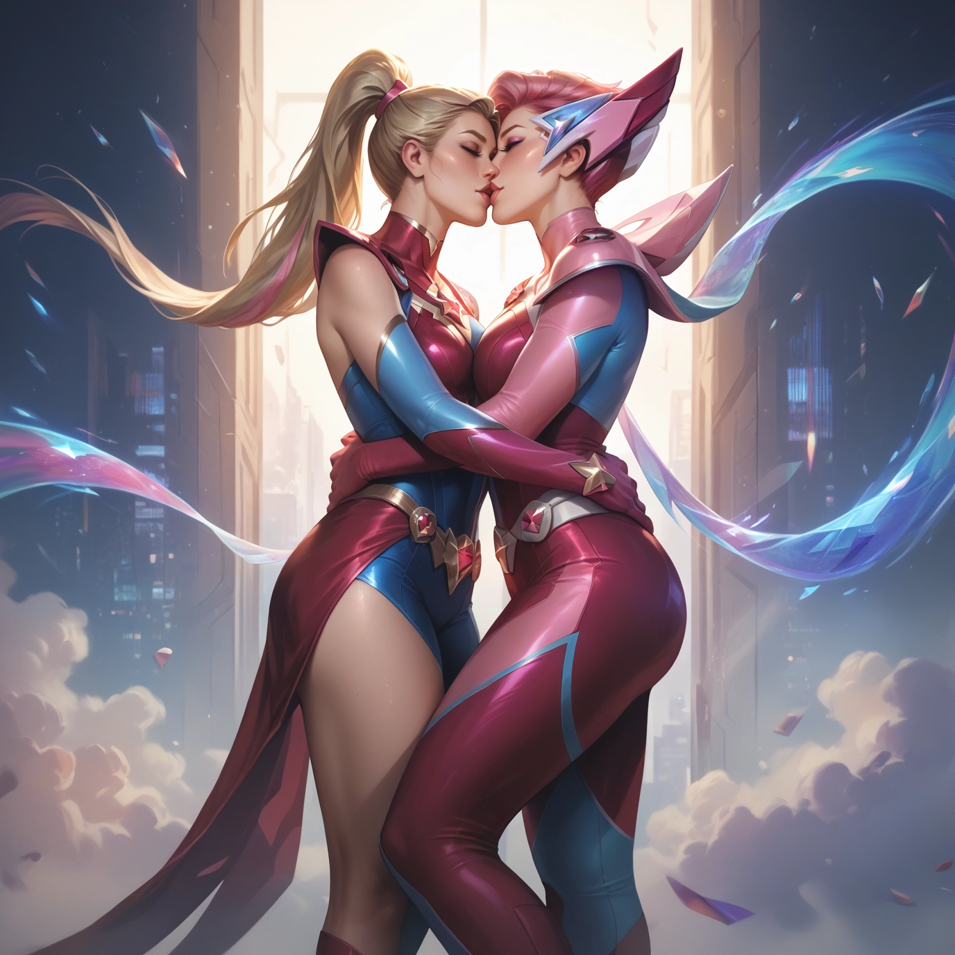 multiple girls, 2girls, yuri, kiss, blonde hair, ponytail · Yamete.gg