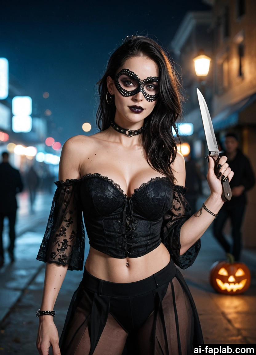 1girl, breasts, knife, jewelry, piercing, mask