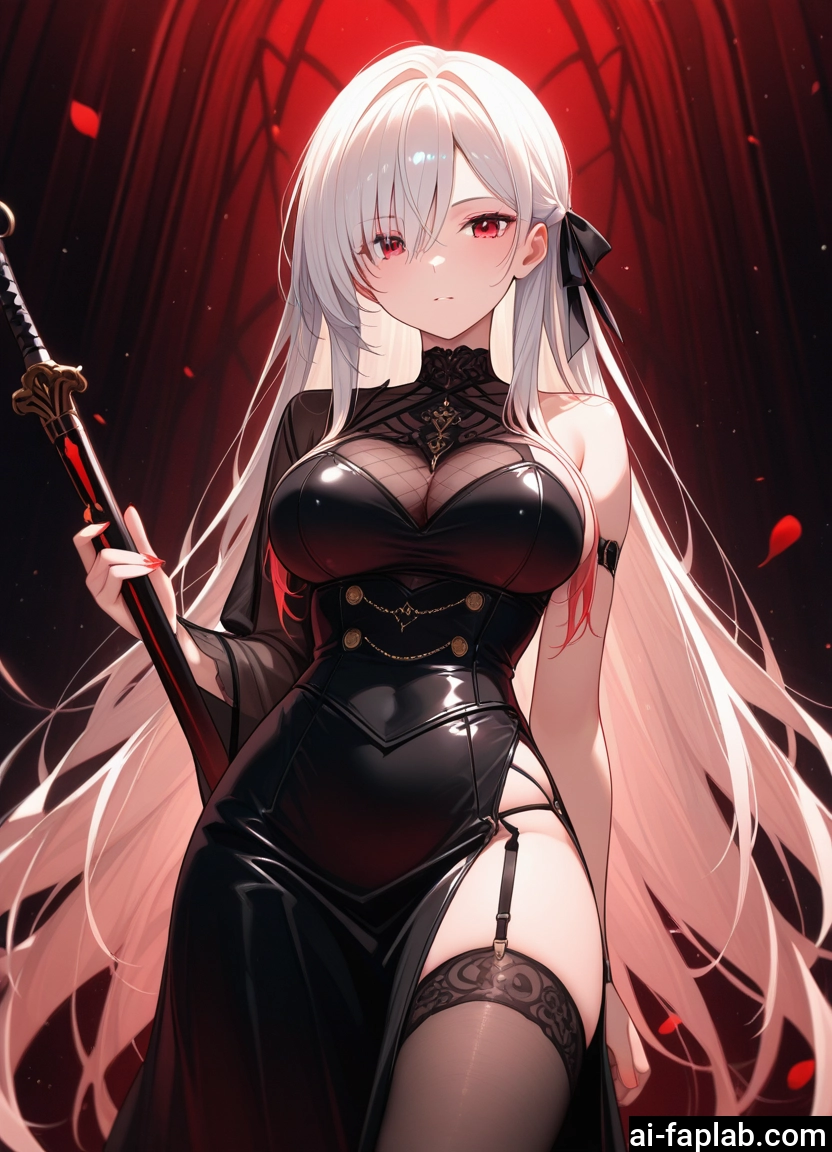 1girl, breasts, long hair, thighhighs, solo, red eyes