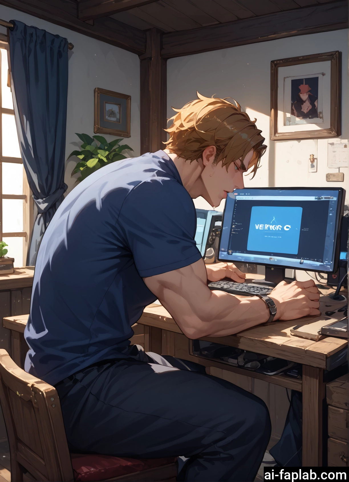 bara, 1boy, male focus, blonde hair, shirt, solo · Yamete.gg