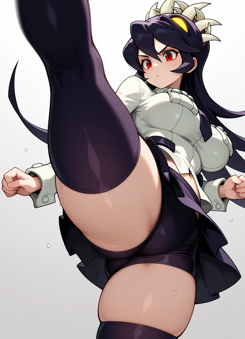 1girl, filia (skullgirls), breasts, red eyes, thighhighs, solo · Yamete.gg