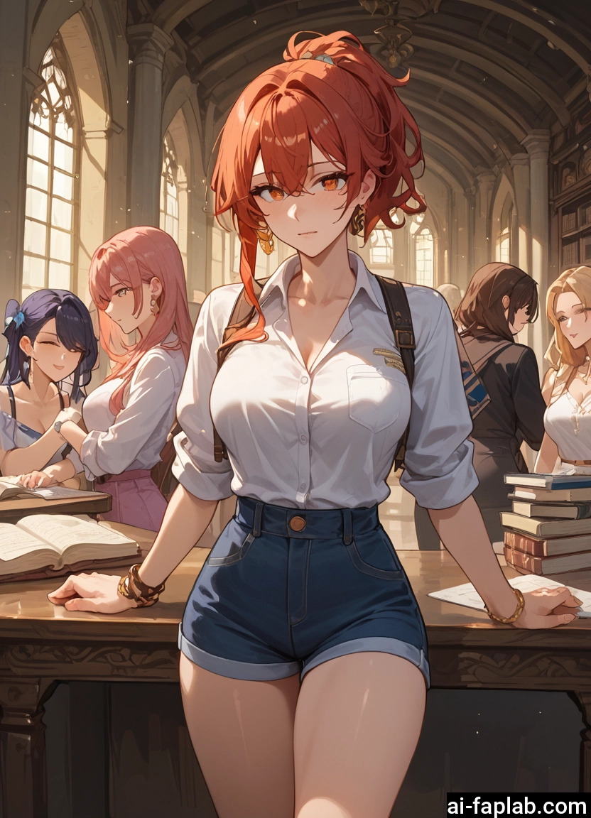 multiple girls, breasts, shorts, 4girls, jewelry, book · Yamete.gg