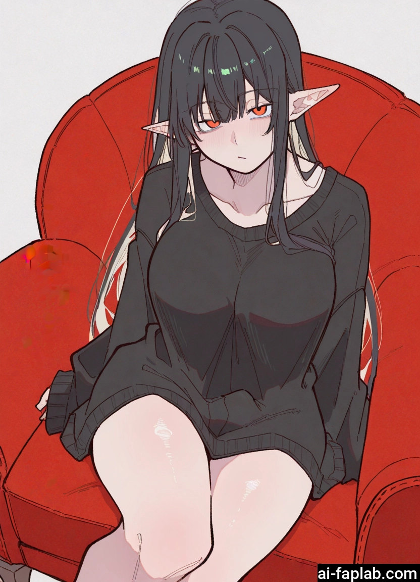 1girl, pointy ears, black hair, solo, long hair, breasts · Yamete.gg