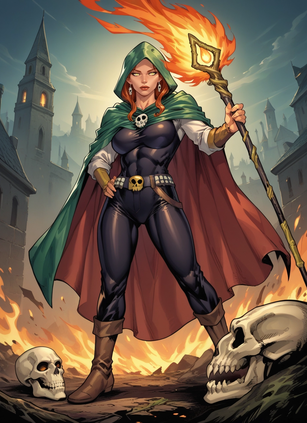 1girl, jewelry, skull, staff, earrings, breasts · Yamete.gg