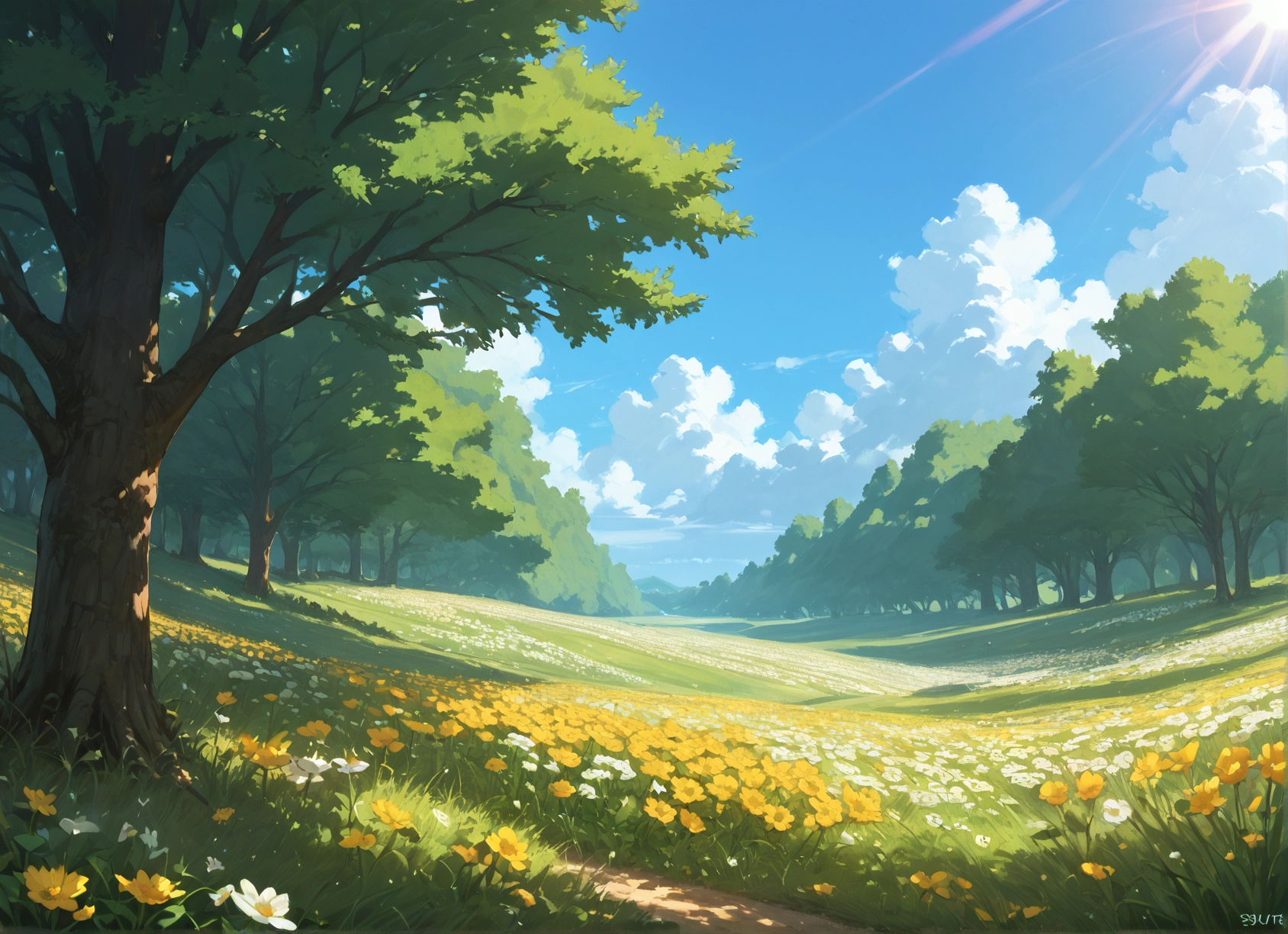 no humans, scenery, tree, flower, cloud, sky