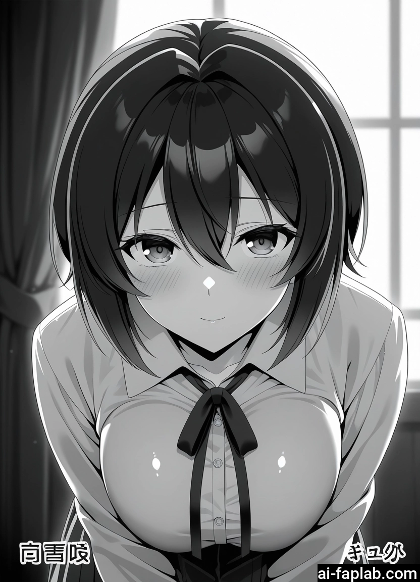 1girl, monochrome, greyscale, solo, breasts, smile · Yamete.gg