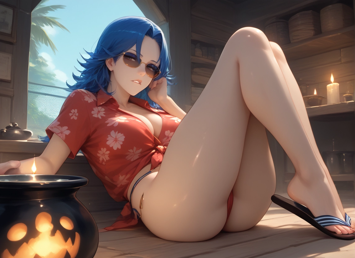 1girl, breasts, sunglasses, shirt, solo, blue hair · Yamete.gg
