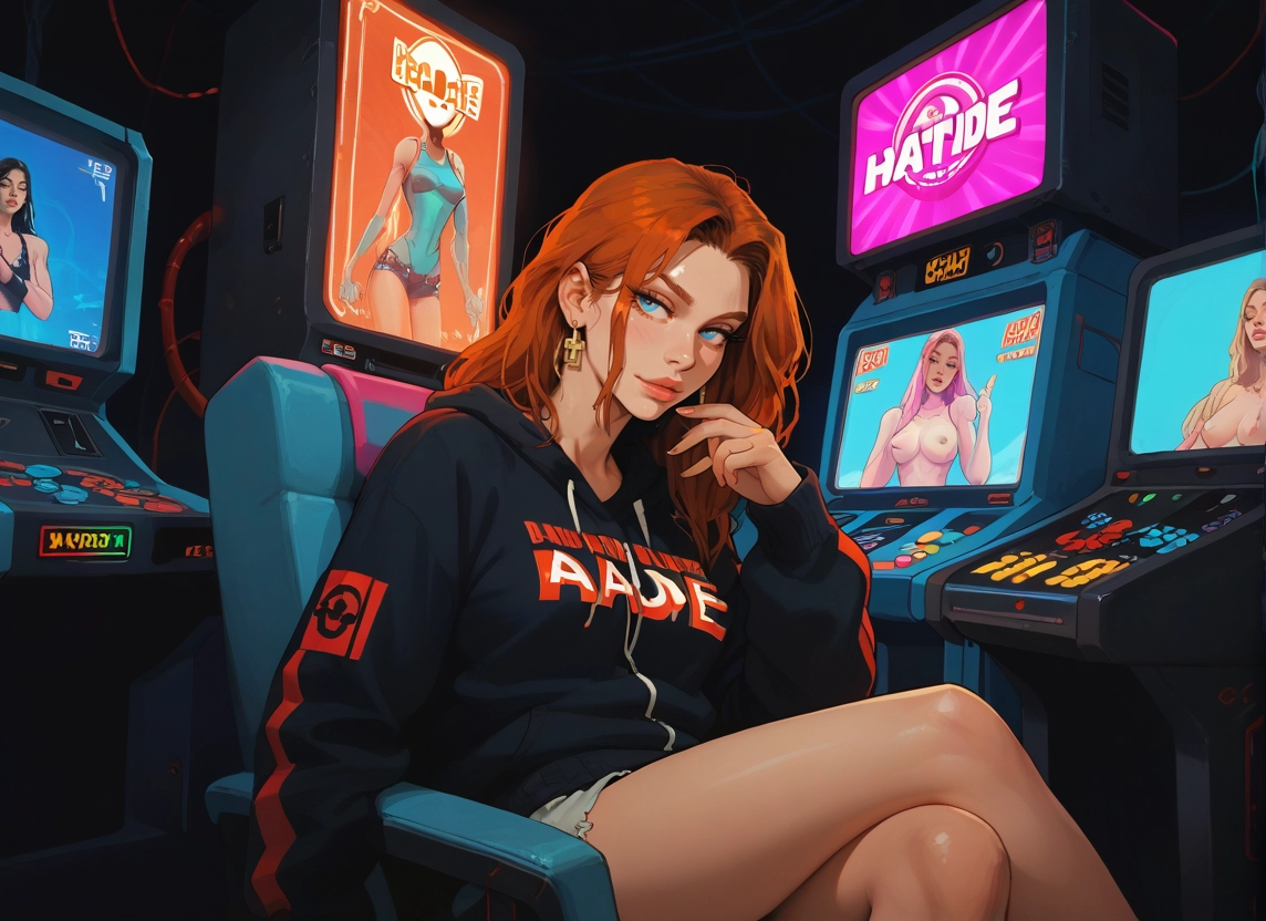 1girl, hood, sitting, monitor, blue eyes, hoodie · Yamete.gg
