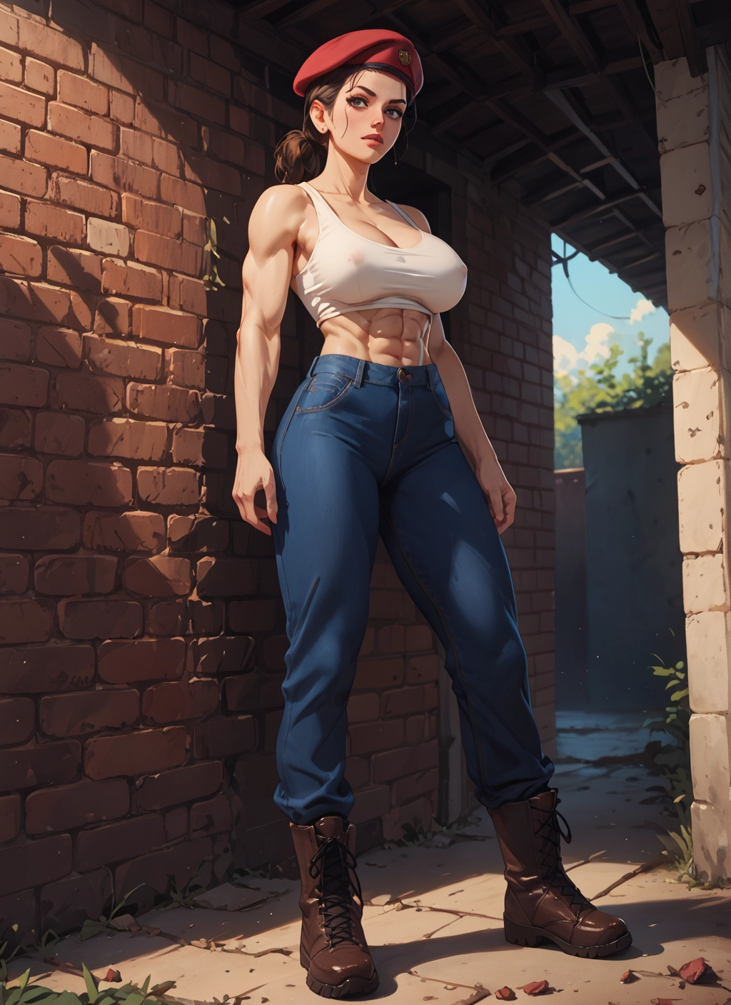 1girl, breasts, hat, pants, abs, boots · Yamete.gg