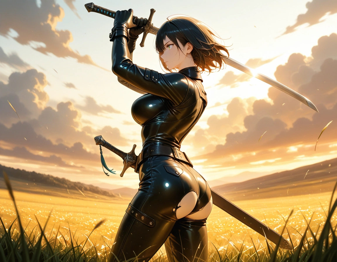 1girl, weapon, sword, solo, breasts, bodysuit