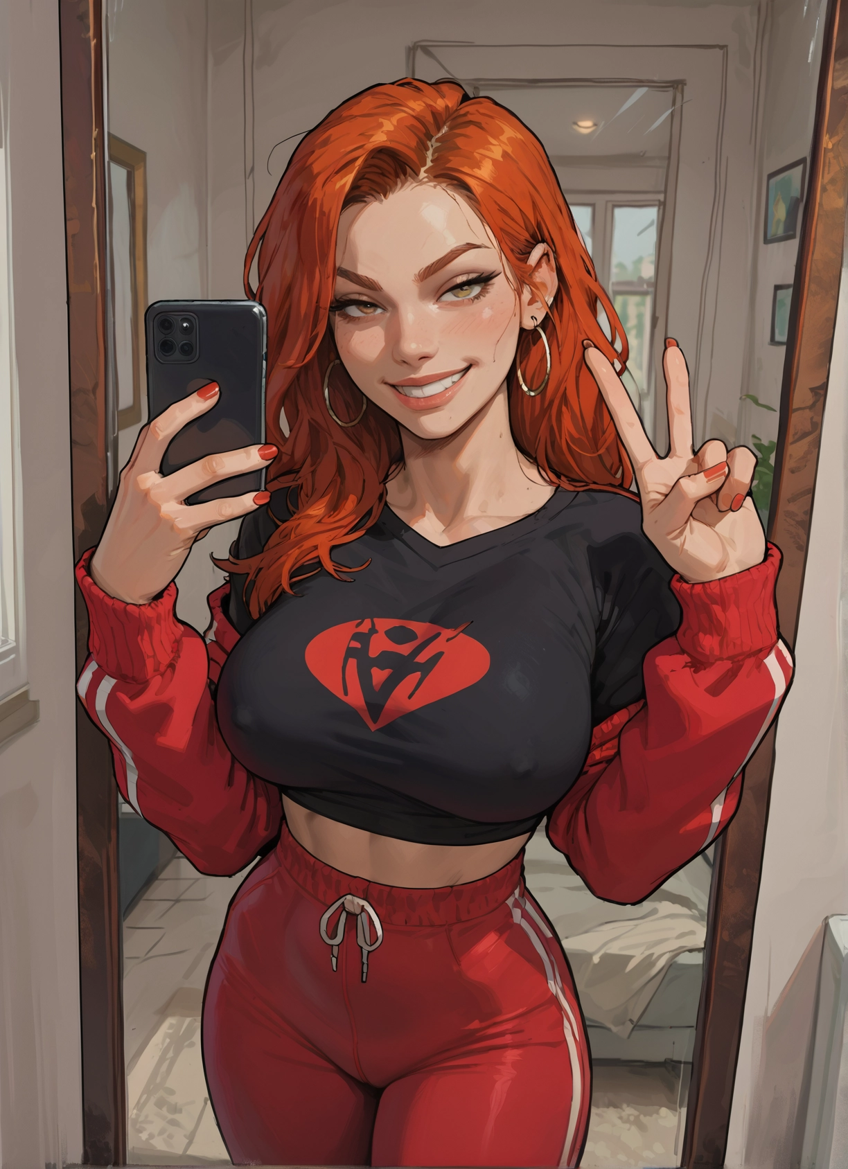1girl, breasts, phone, jewelry, earrings, v · Yamete.gg