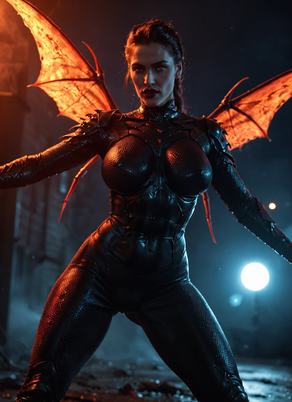 1girl, wings, solo, bodysuit, breasts, moon · Yamete.gg
