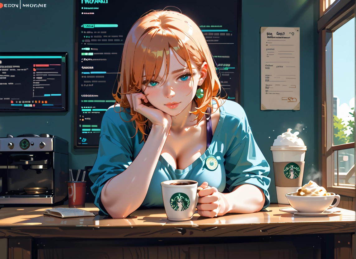 1girl, breasts, coffee, cup, solo, cleavage · Yamete.gg