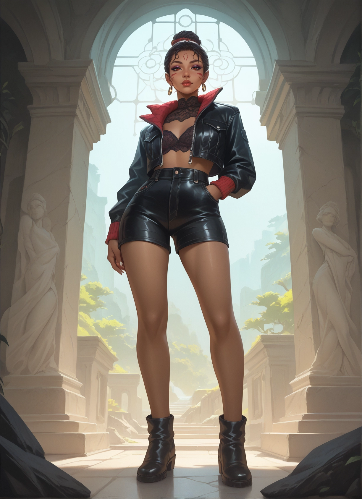 1girl, jewelry, earrings, shorts, jacket, statue · Yamete.gg