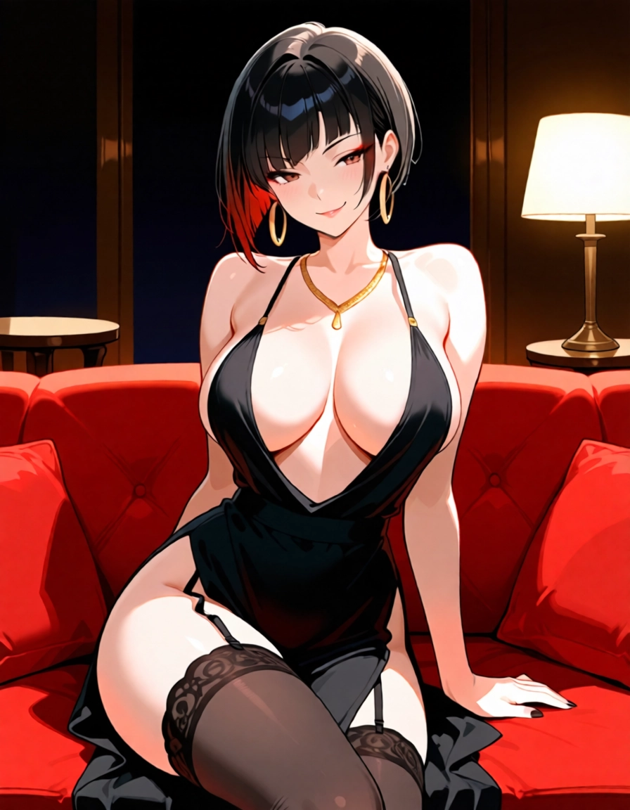 1girl, breasts, black hair, jewelry, solo, large breasts · Yamete.gg