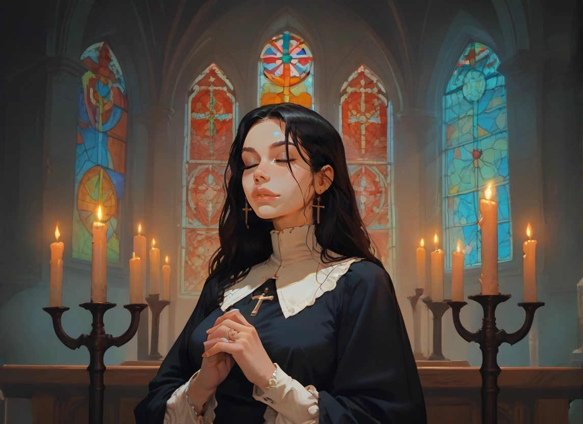 1girl, jewelry, black hair, cross, earrings, candle