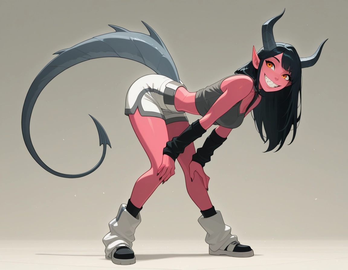 1girl, smile, horns, tail, solo, hands on own knees · Yamete.gg