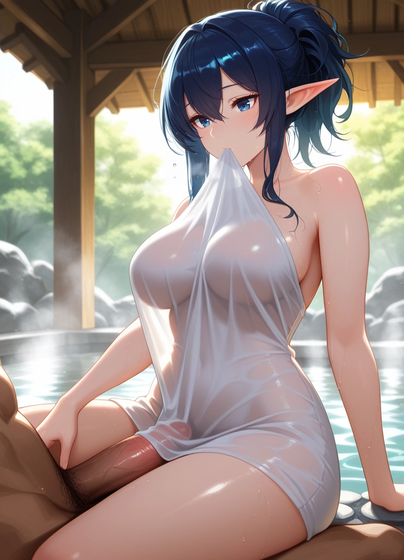 1girl, breasts, pointy ears, 1boy, onsen, hetero · Yamete.gg
