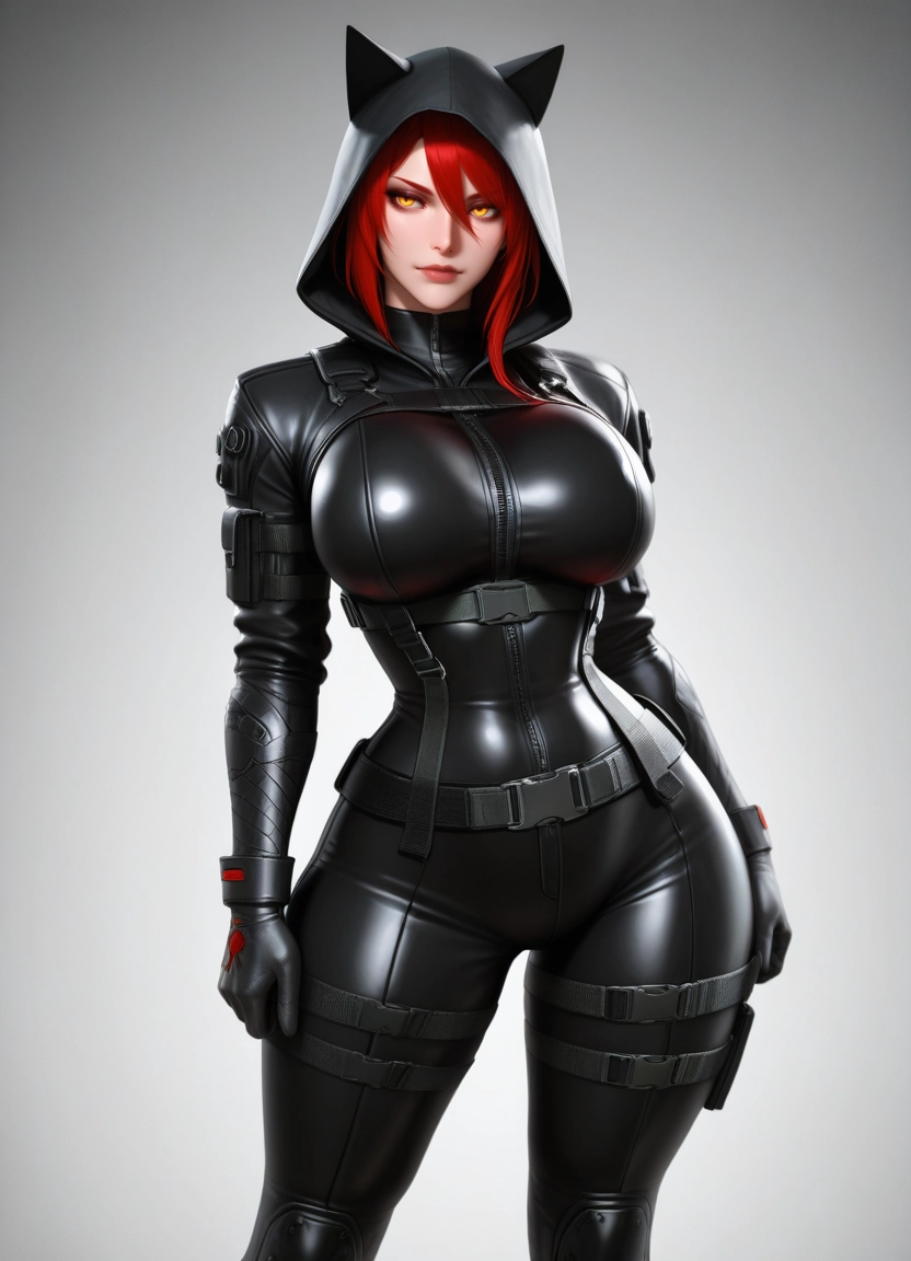 1girl, red hair, breasts, hood, solo, yellow eyes