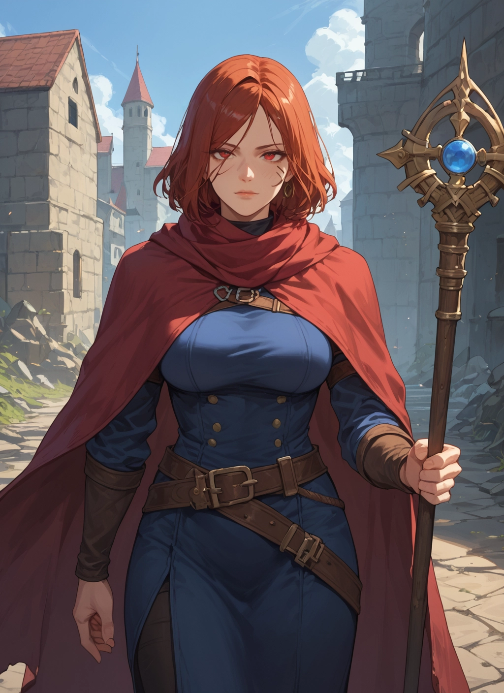 1girl, red eyes, staff, jewelry, breasts, solo · Yamete.gg