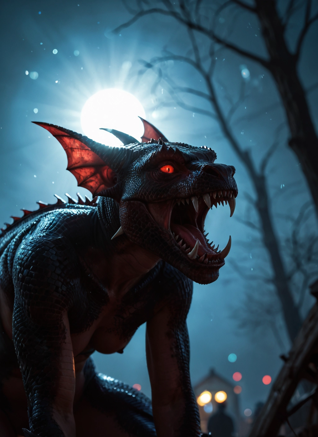 tree, open mouth, dragon, no humans, teeth, bare tree · Yamete.gg