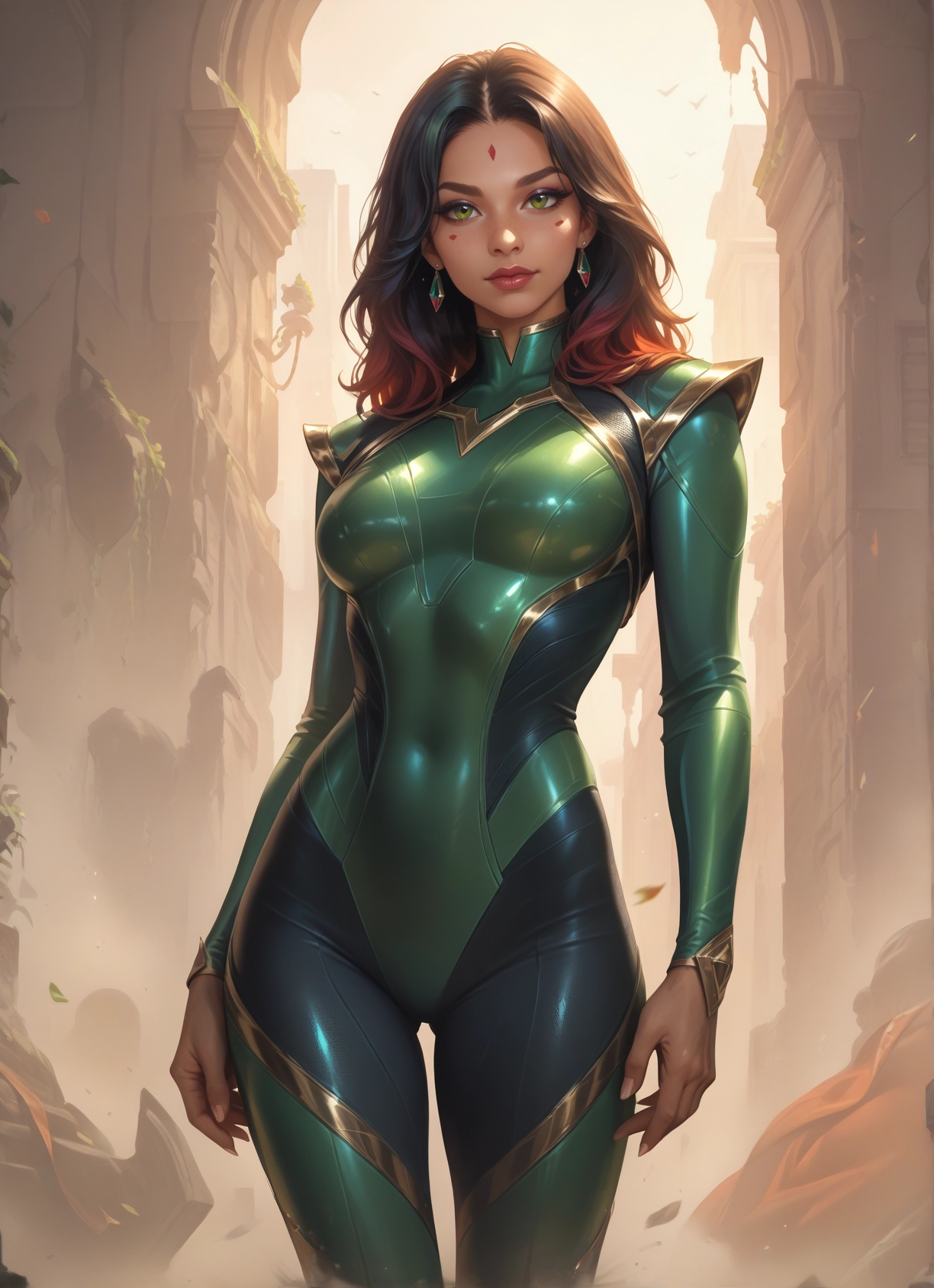 jewelry, bodysuit, green eyes, earrings, 1girl, breasts · Yamete.gg