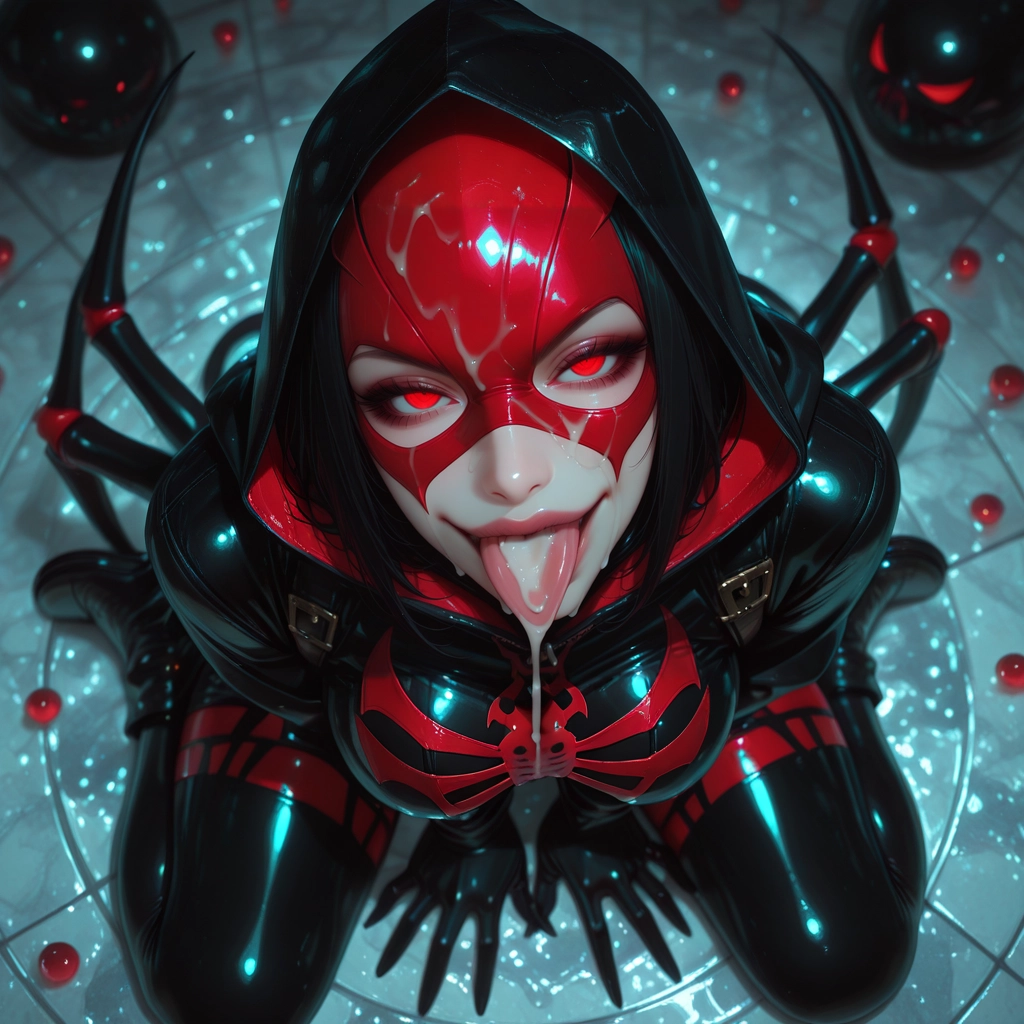 1girl, solo, tongue, red eyes, bodysuit, hood · Yamete.gg