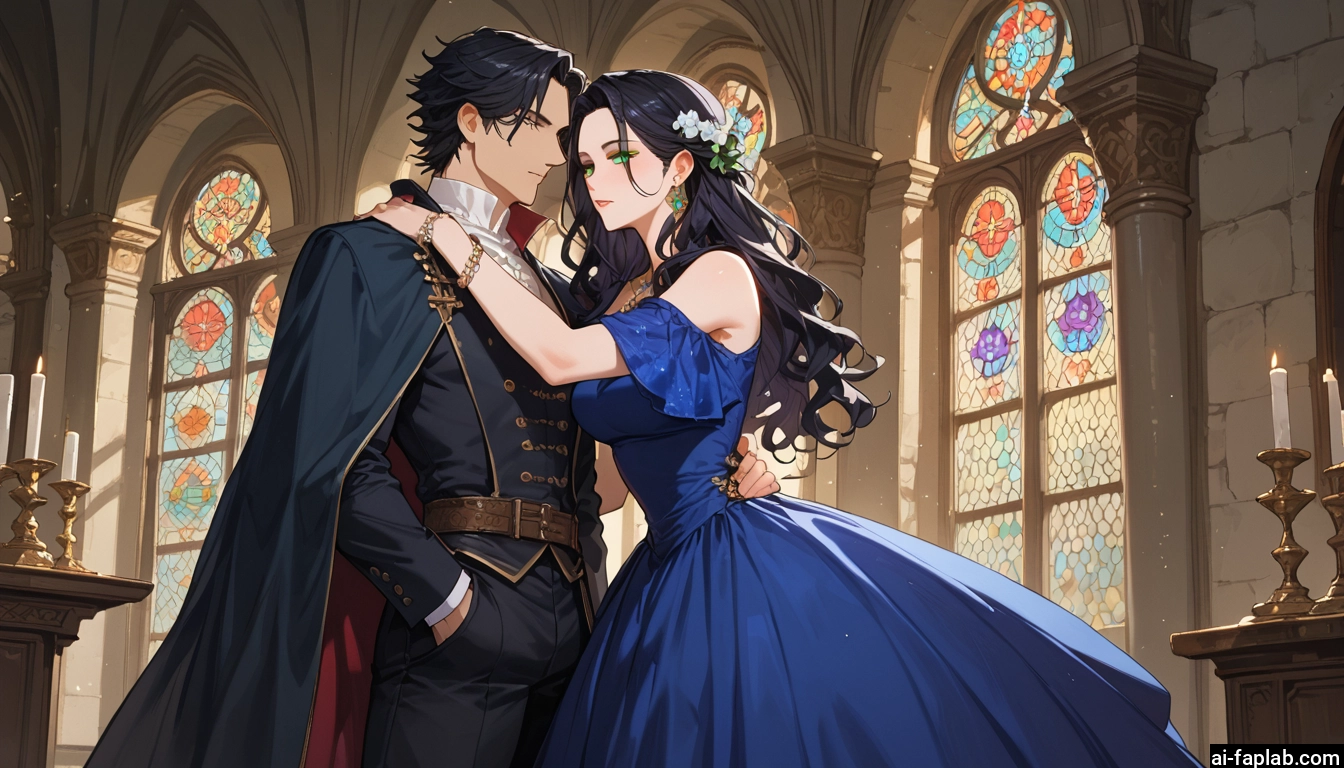 1girl, 1boy, dress, jewelry, black hair, long hair