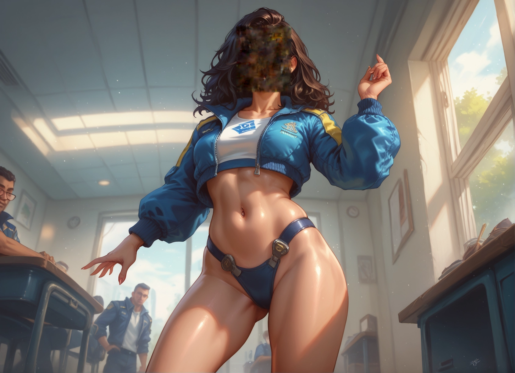 navel, 1girl, jacket, brown hair, classroom, navel piercing · Yamete.gg