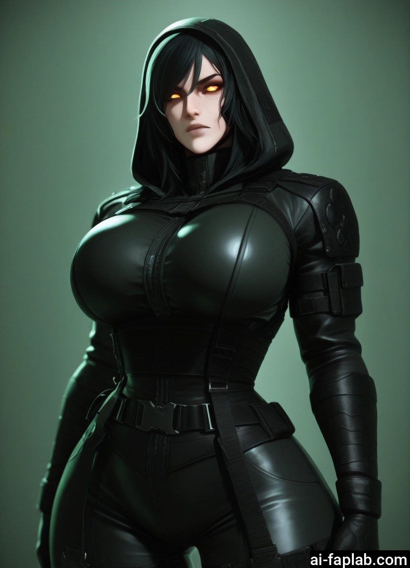 1girl, breasts, hood, solo, yellow eyes, black hair