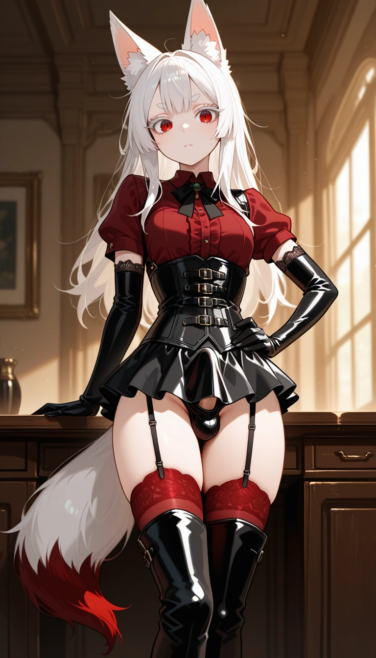 gloves, solo, red thighhighs, thighhighs, garter straps, red eyes · Yamete.gg