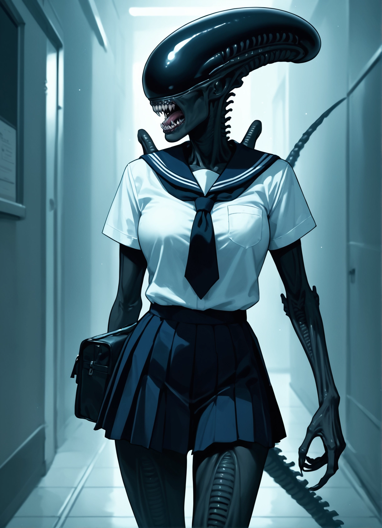 1girl, skirt, school uniform, serafuku, teeth, bag · Yamete.gg