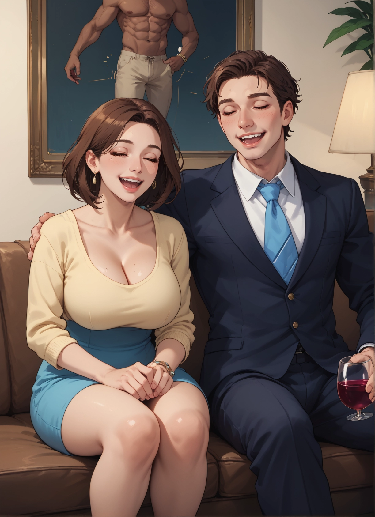 1girl, breasts, brown hair, jewelry, 1boy, cup · Yamete.gg
