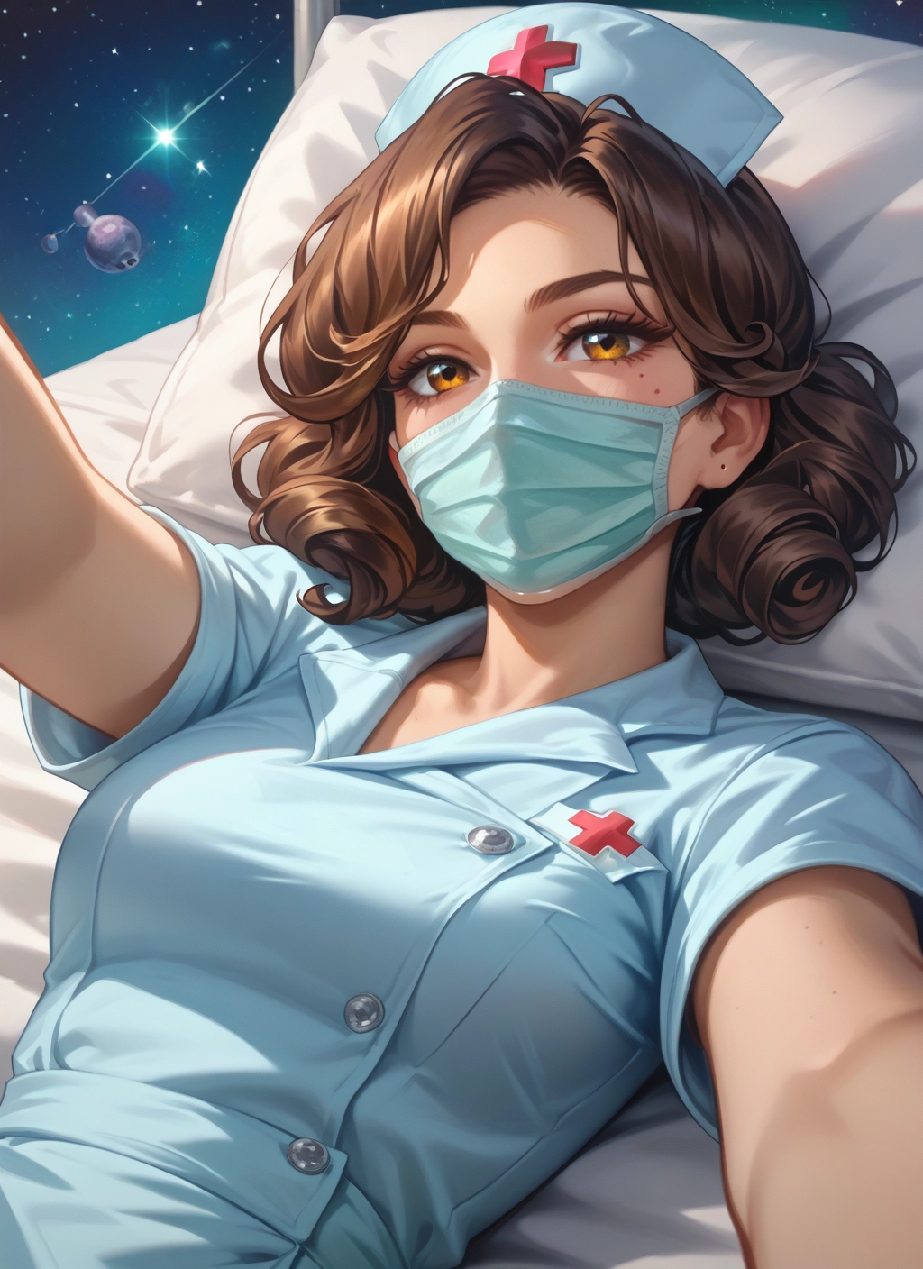 1girl, mask, hat, mouth mask, nurse cap, brown hair · Yamete.gg